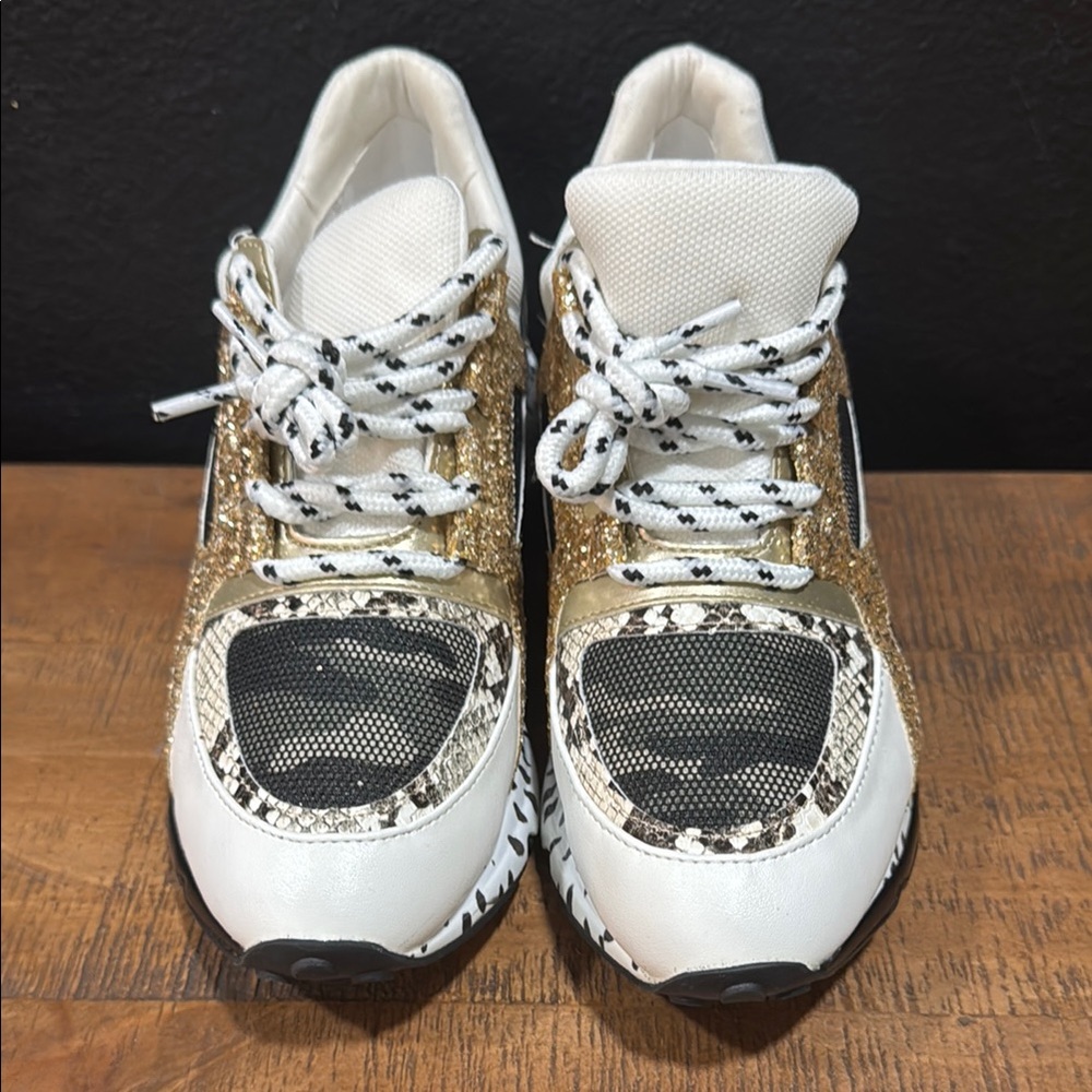 Steve Madden Gold and White Sneakers with Snakeskin Detail